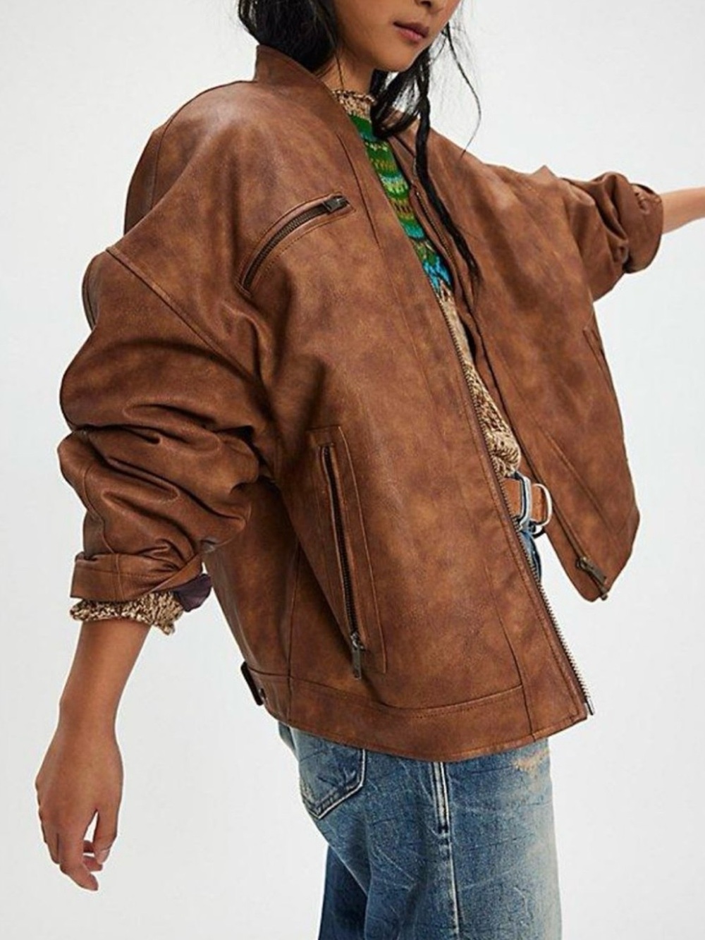 We The Free Brown Faux-Leather Bomber Jacket
